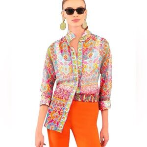 Gretchen Scott Boyfriend Shirt Watteau Pink and Blue Floral Button Down Small